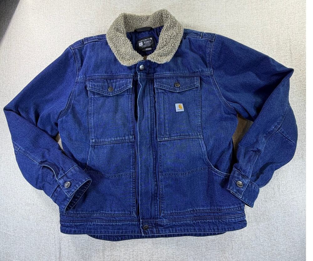 Carhartt Men's Large Blue Relaxed Fit Sherpa Lined Denim Jacket Workwear Warm
